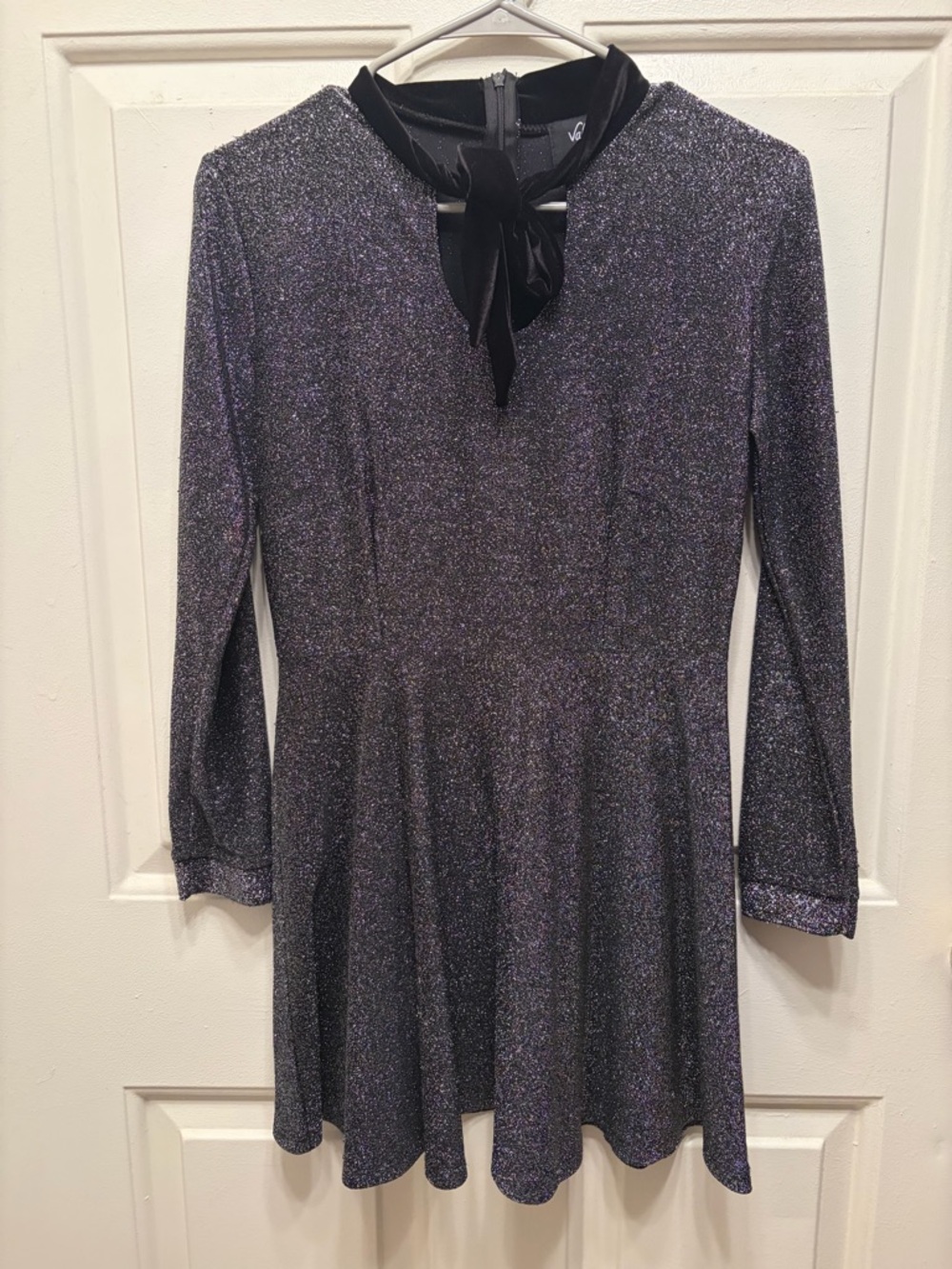 Valfre Sparkle Long-Sleeve Fit & Flare Dress in Purple with Black Velvet Tie